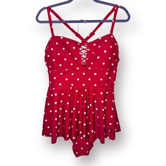 Torrid Disney Minnie Mouse Size 1X Red Polka Dot Retro Peplum One Piece Swimsuit - Picture 3 of 15